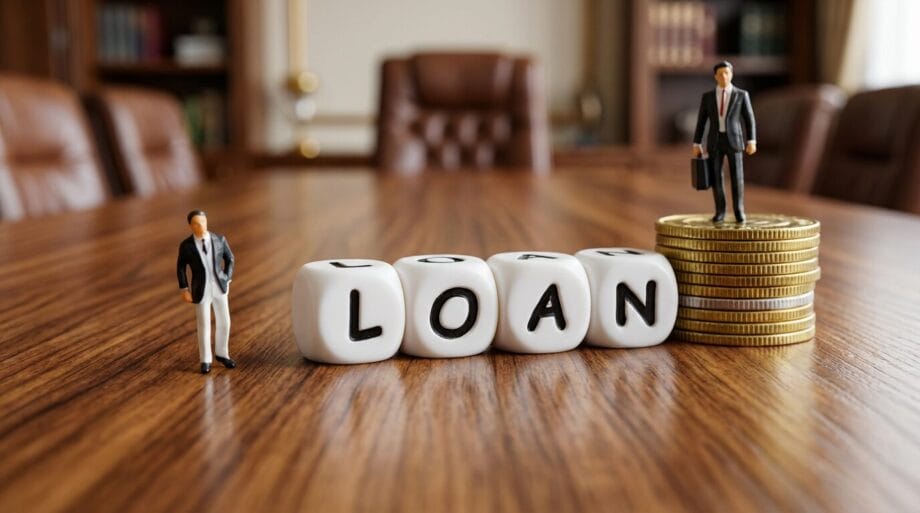 Dice spelling LOAN on a wood table with two figurines, one beside the dice and one standing on stacked coins.
