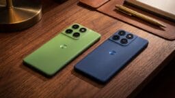 Two smartphones, one green and one blue, are placed side by side on a wooden desk near a notebook and pens.