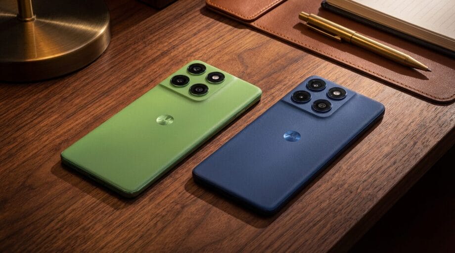 Two smartphones, one green and one blue, are placed side by side on a wooden desk near a notebook and pens.