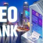 A digital illustration of a neobank concept with a smartphone as a bank facade, city skyscrapers, and large text reading NEO BANK.