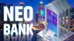 A digital illustration of a neobank concept with a smartphone as a bank facade, city skyscrapers, and large text reading NEO BANK.