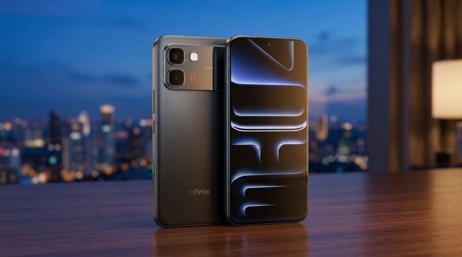 Two Infinix smartphones are displayed on a wooden table, one showing a lit screen, with a cityscape visible in the background.