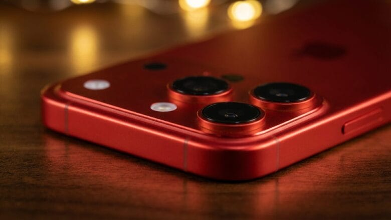 Close-up of a red smartphone with dual rear cameras and a flash, placed on a wooden surface with blurred lights in the background.