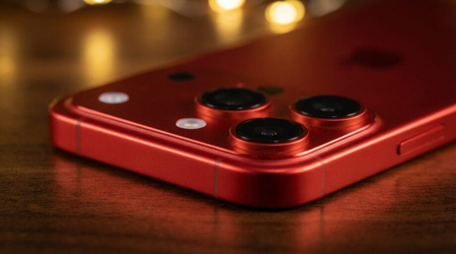 Close-up of a red smartphone with dual rear cameras and a flash, placed on a wooden surface with blurred lights in the background.