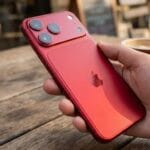 A hand holding a red smartphone with three rear cameras and an Apple logo, on a wooden table next to a cup of coffee.