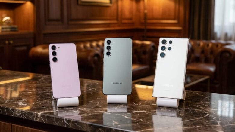 Three Samsung smartphones in different colors are displayed upright on a marble countertop in a wood-paneled room.