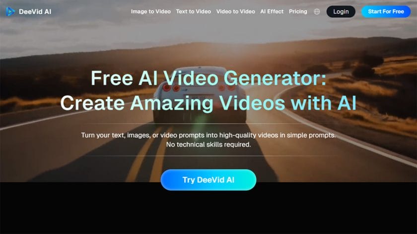 A car drives on a road at sunset with text promoting a free AI video generator called DeeVid AI on the screen.