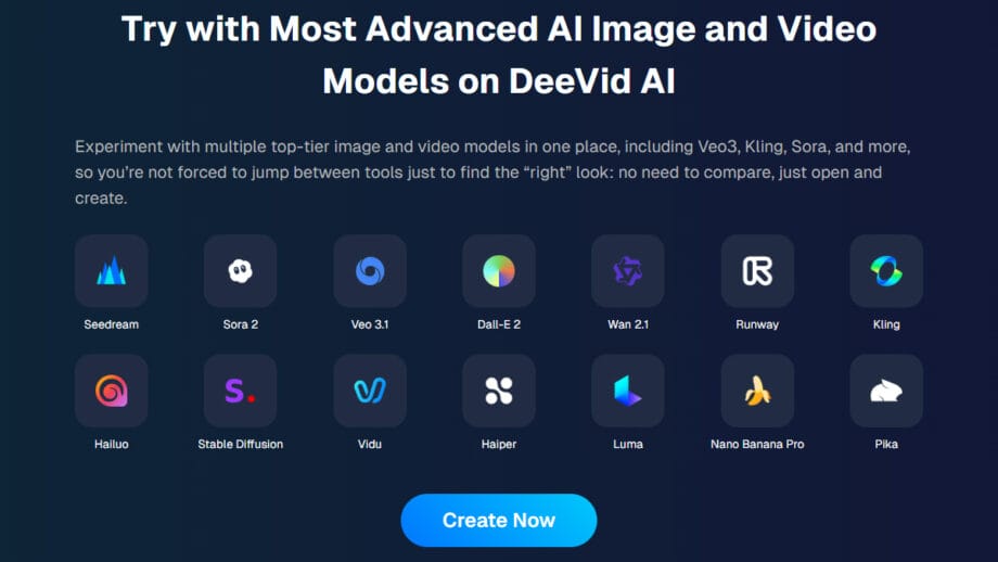 Screenshot showing icons of various AI image and video models with a Create Now button at the bottom center.