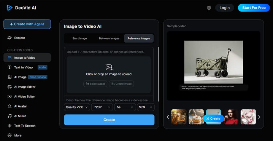 Screenshot of the DeeVid AI interface showing image-to-video tools, upload options, and a sample video preview on a dark background.
