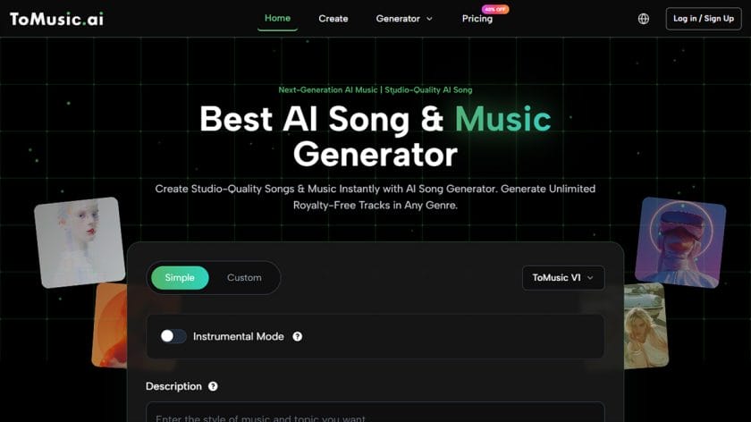 Screenshot of ToMusic.ai homepage displaying a headline promoting its AI song and music generator with a dark grid background and UI elements.