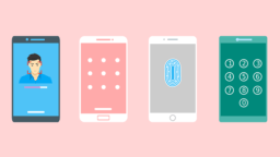 Four smartphones displaying different security methods: facial recognition, pattern lock, fingerprint scan, and numeric PIN entry.