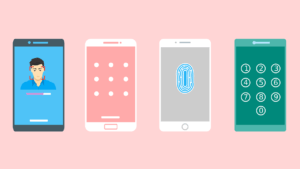 Four smartphones displaying different security methods: facial recognition, pattern lock, fingerprint scan, and numeric PIN entry.