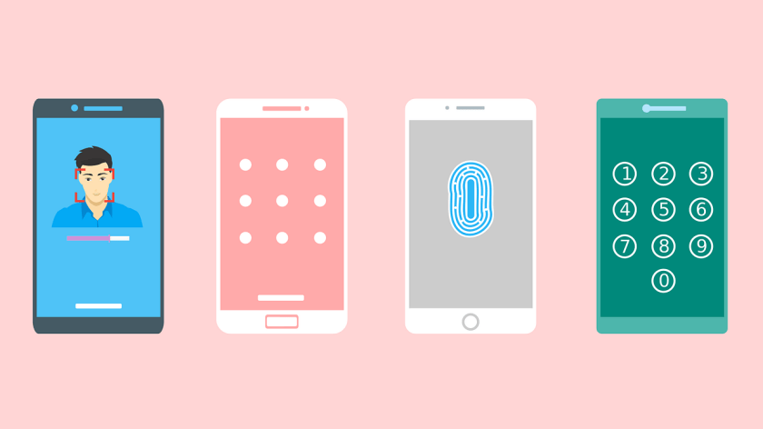 Four smartphones displaying different security methods: facial recognition, pattern lock, fingerprint scan, and numeric PIN entry.