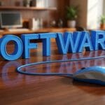 Blue 3D letters spelling SOFTWARE sit on a wooden desk, with a computer mouse in front, office shelves and plants in background.