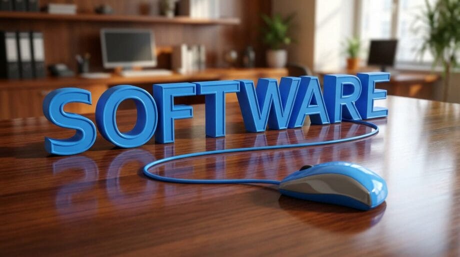Blue 3D letters spelling SOFTWARE sit on a wooden desk, with a computer mouse in front, office shelves and plants in background.