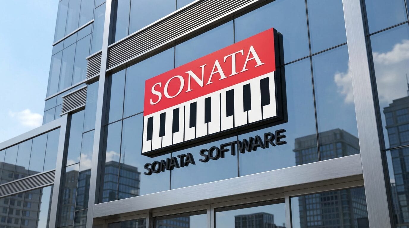 A glass building facade with a sign reading SONATA above piano keys and SONATA SOFTWARE below. Reflections of city buildings are visible.