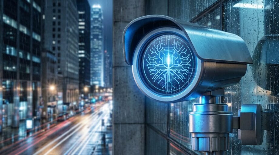 A security camera with a digital circuit pattern on its lens is mounted on a building, overlooking a city street at night.