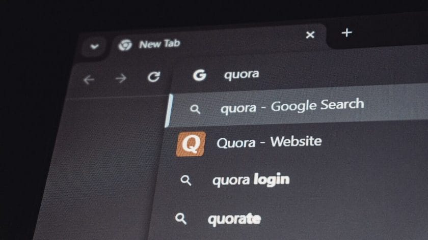 A computer screen showing a web browser with quora entered in the search bar and related search suggestions below.