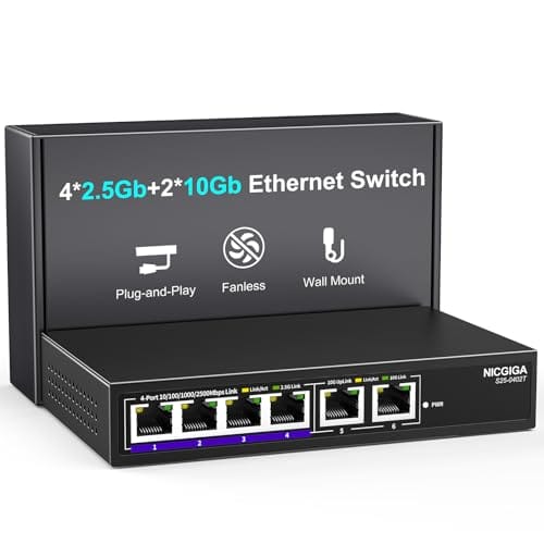 10Gbe Ethernet Switch Unmanaged with 2 x 10Gb RJ45 Ports ➕ 4 x 2.5Gb Base-T Ports, Desktop/Wall Mount NICGIGA 6 Port 10Gbps Network Switch for Wireless AP, NAS, PC