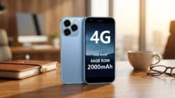 Two smartphones on a desk, one showing specs: 4G, 3GB RAM, 64GB ROM, and 2000mAh battery.