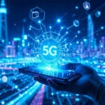 A hand holds a smartphone against a glowing cityscape with digital graphics illustrating 5G technology and network connectivity.
