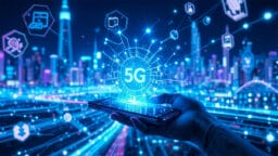 A hand holds a smartphone against a glowing cityscape with digital graphics illustrating 5G technology and network connectivity.