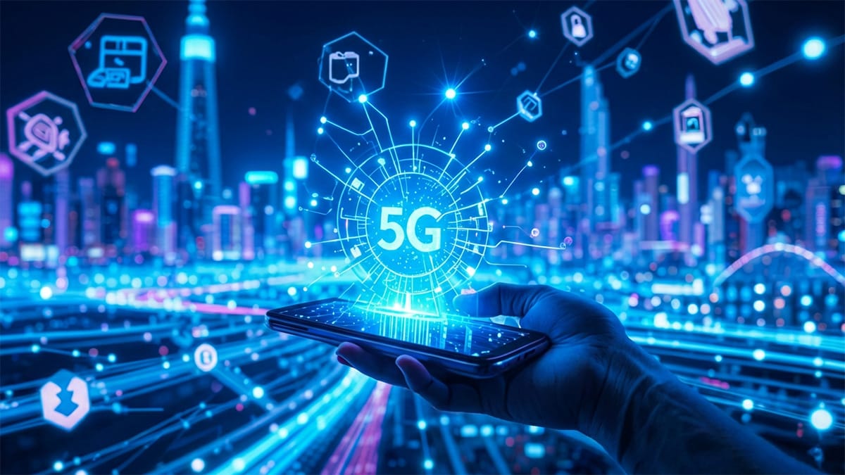 A hand holds a smartphone against a glowing cityscape with digital graphics illustrating 5G technology and network connectivity.