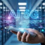 A hand holds a smartphone in a server room with glowing AI 5G text and digital network graphics above it.
