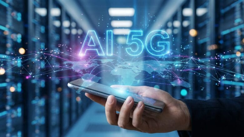 A hand holds a smartphone in a server room with glowing AI 5G text and digital network graphics above it.