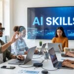Four people work on laptops at a table; one uses augmented reality glasses. A screen behind them displays AI SKILLS.