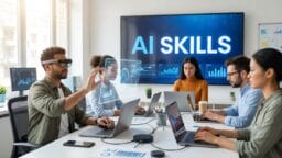 Four people work on laptops at a table; one uses augmented reality glasses. A screen behind them displays AI SKILLS.