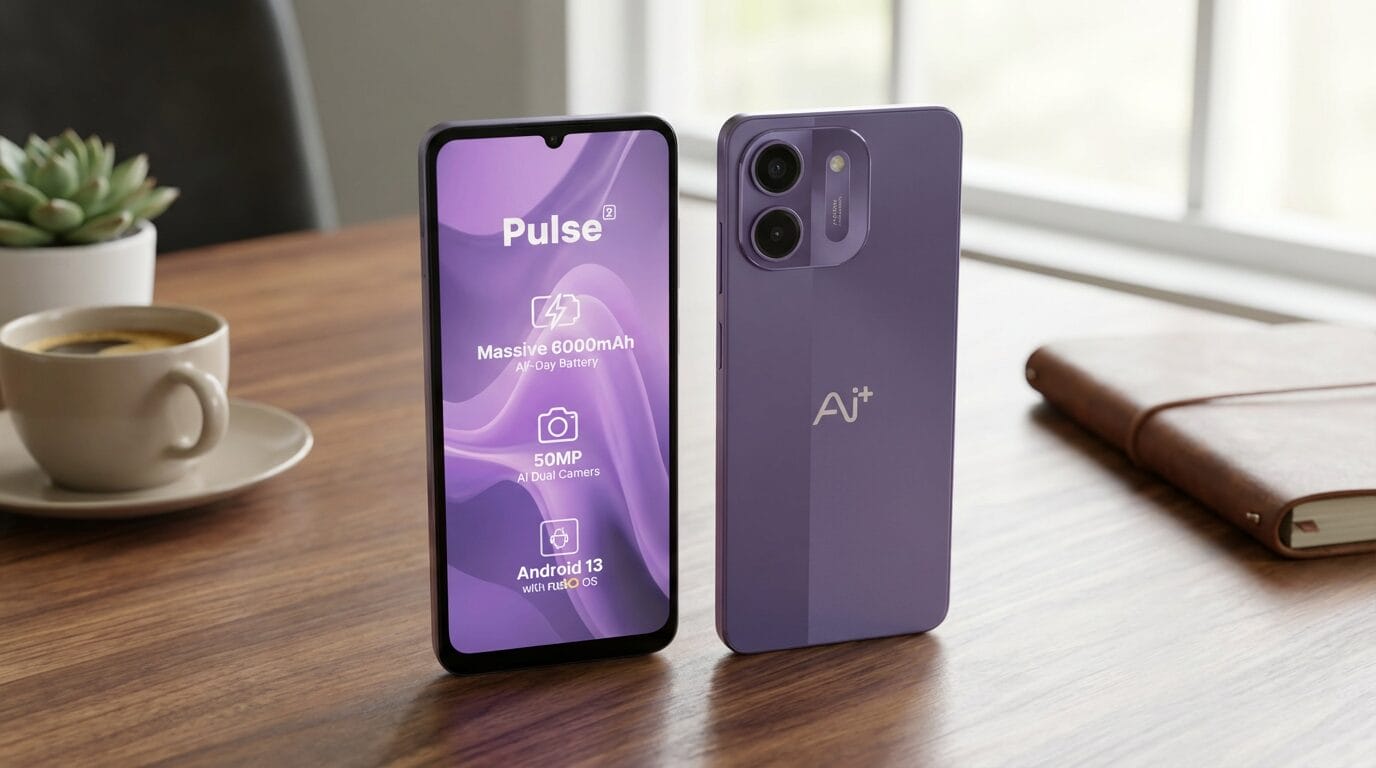 Two purple smartphones on a wooden table; one displays specs, the other shows the back with dual cameras and a logo.