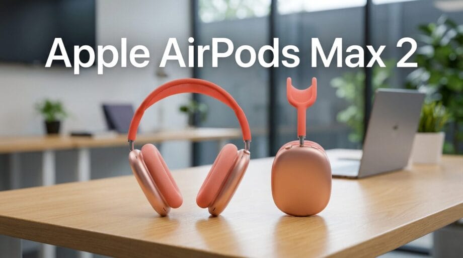 Coral-colored Apple AirPods Max 2 headphones displayed on a wooden desk in a modern office setting with a laptop in the background.