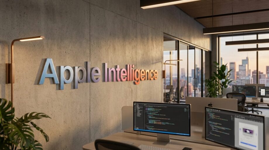 Modern office space with Apple Intelligence sign on the wall and computer workstations in the foreground.
