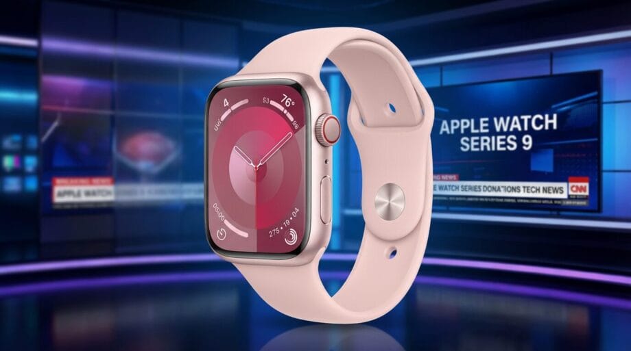 Pink Apple Watch Series 9 displayed in front of a TV studio background with news graphics and screens.