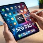 Person uses a stylus on an iPad displaying A18 Chip and New iPad on screen, with apps and colorful graphics visible.