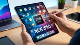 Person uses a stylus on an iPad displaying A18 Chip and New iPad on screen, with apps and colorful graphics visible.