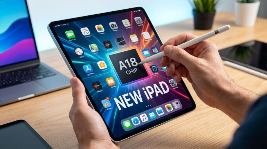 Person uses a stylus on an iPad displaying A18 Chip and New iPad on screen, with apps and colorful graphics visible.