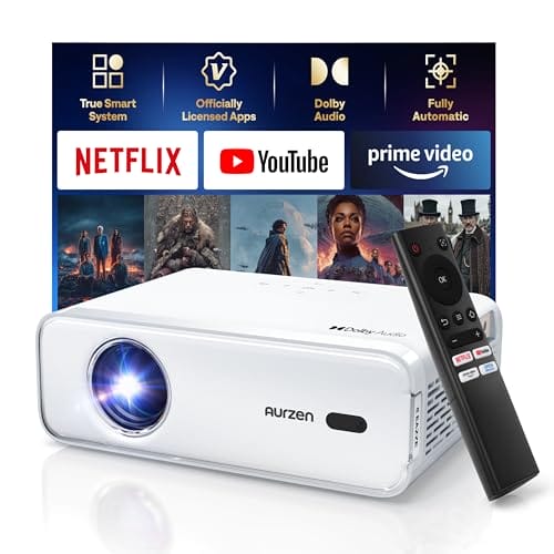 Aurzen EAZZE D1 Smart Projector with WiFi and Bluetooth, Netflix-Officially-Licensed, Auto Focus & Keystone, DoIby Audio, Zoom, Native 1080P Movie, Portable Outdoor Mini Projector, White
