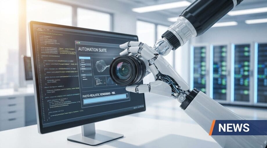 A robotic hand holds a camera near a computer monitor displaying code, with server racks visible in the background. NEWS banner in corner.