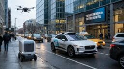 A street scene with an autonomous car, a delivery robot on the sidewalk, and a drone flying above near modern office buildings.