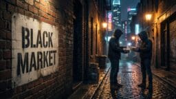 Two people in hooded jackets exchange items in a dimly lit alley with a Black Market sign on the brick wall. City lights glow in the background.