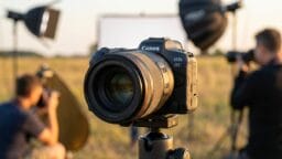 A Canon EOS R5 camera on a tripod is set up outdoors, with lighting equipment and two people visible in the background.