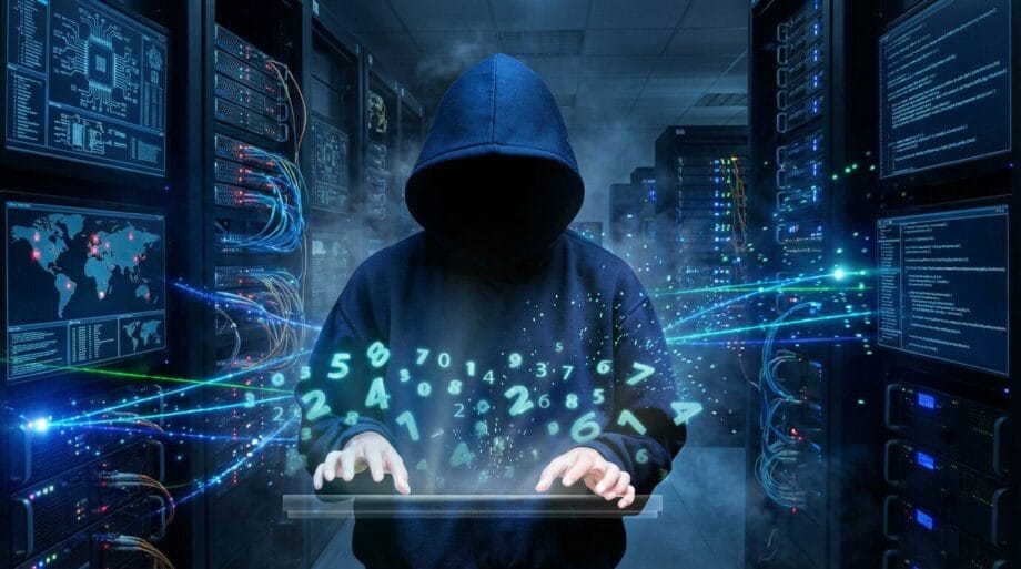 A hooded figure types on a virtual keyboard surrounded by floating numbers in a server room with computer racks.