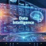 A digital display reading Data Intelligence with a brain graphic, set in a server room with computer racks in the background.