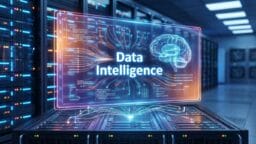 A digital display reading Data Intelligence with a brain graphic, set in a server room with computer racks in the background.