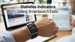 Person reviews diabetes indicators on a smartwatch while holding a tablet displaying graphs, with a news website open in the background.