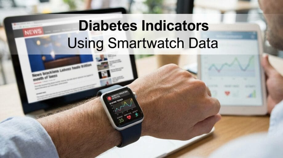Person reviews diabetes indicators on a smartwatch while holding a tablet displaying graphs, with a news website open in the background.