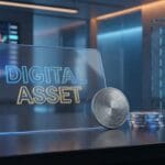 A digital coin and holographic DIGITAL ASSET text on a desk in a modern office with a stacked server and a financial chart in the background.