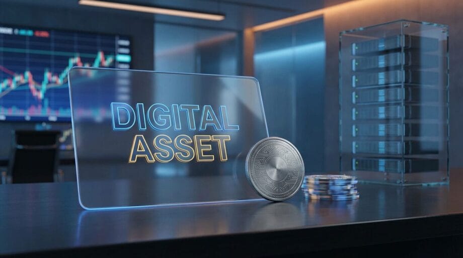 A digital coin and holographic DIGITAL ASSET text on a desk in a modern office with a stacked server and a financial chart in the background.